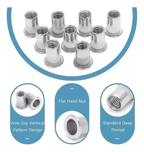50 Tuercas Remache M6 De Cabeza Plana De Acero Inoxidable
