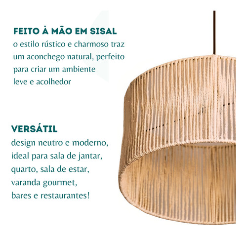 Kit 2 Lustre Pendente Rústico Grande 50cm Sisal Com Fio