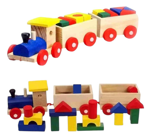 Tren Madera Juguete Arrastre Juego Bloques De Construcción