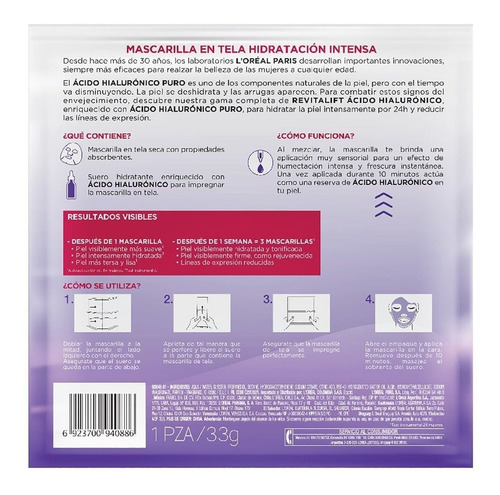 Mascarilla L´oréal Paris Revitalift Ácido Hialurónico X 1u