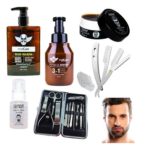 Super Kit De Barba Uñas Pelo + Navaja Tijeras Aceite Shampoo