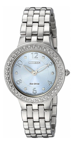 Reloj de pulsera Citizen Eco-Drive FE2080-56L, analógico, para mujer, fondo azul claro, con correa de acero inoxidable color plateado, bisel color plateado y desplegable