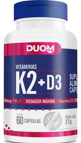 Vitamina K2 Mk7 + Vitamina D3 - 60 Cápsulas 450mg - Duom Sabor Sem Sabor
