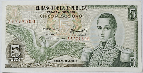 Billete 5 Pesos 20/jul/1975 Colombia Unc
