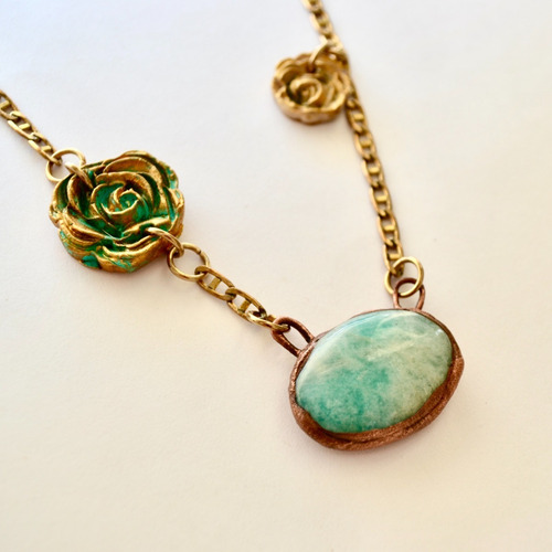 Imagen 7 de 10 de Collar De Flores Con Piedra Natural Amazonita, Bronce, Cod1