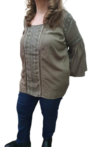 Blusa Rayon Importada Con Bordado Y Mangas Oxford Talle L 