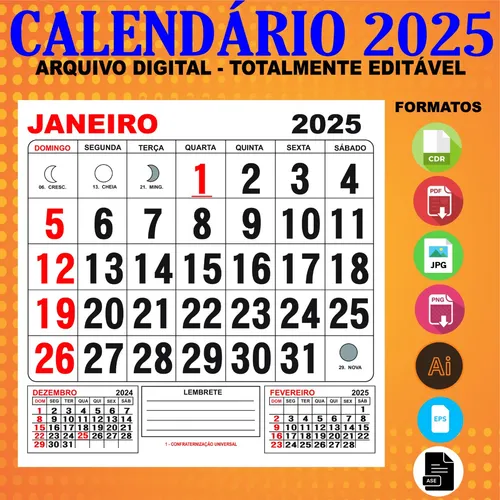 Arquivo Digital Calendário 2025 Editável Corel Illustrator