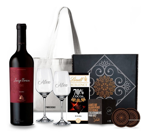 Box Vino Luigi Bosca Copas Transparentes Chocolates Kit Set