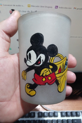 Vaso Antiguo Vidrio Esmerilado Ratón Mickey Pintado A Mano