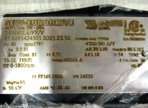 Sew Eurodrive Drn90l4/ff/v Blower Cooled Motor 2 Hp 1767 Ccd
