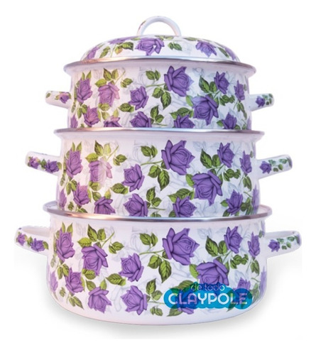 Set X3 Cacerola Enlozadas Flores Púrpura (nº 20-22-24) Color Blanco Con Violeta