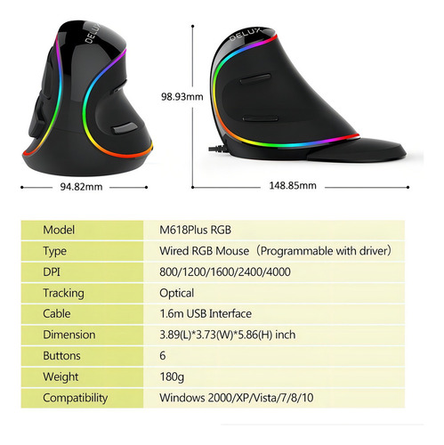 Mouse Vertical Delux Ergonomic Series M618plus Rgb Black