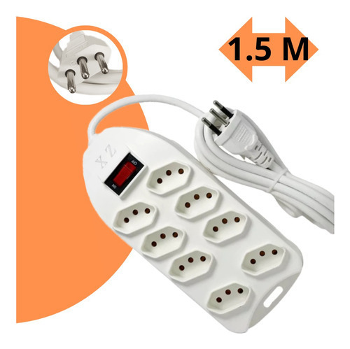 Extensão Elétrica 8 Tomadas 10a Régua Bivolt Cabo 1,5 Mt Top Cor Branco Voltagem 127v/220v