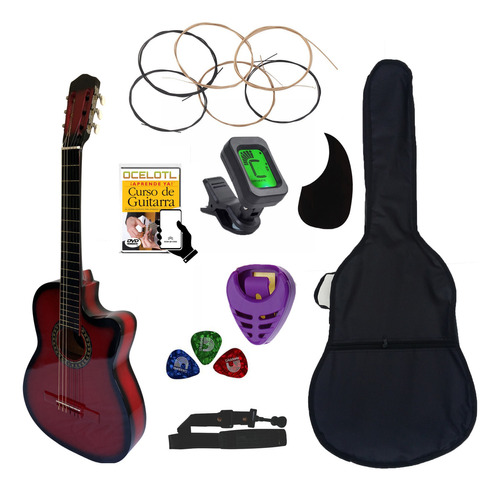 Guitarra Acústica Curva Ocelotl® Paquete Vital De Accesorios Color Rojo Orientación De La Mano Derecha