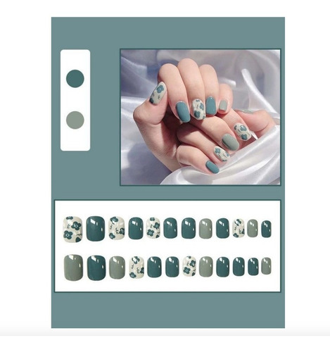 Uñas Postizas Falsas Estampadas Verde Con Pegamento 24 Pzs