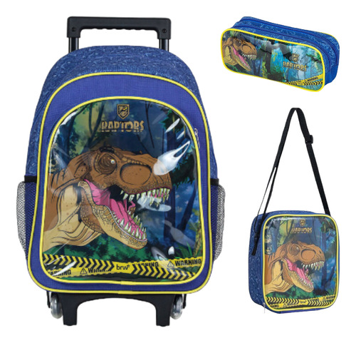 Kit Mochila Infantil Com Carrinho Dinossauro Raptor - Azul