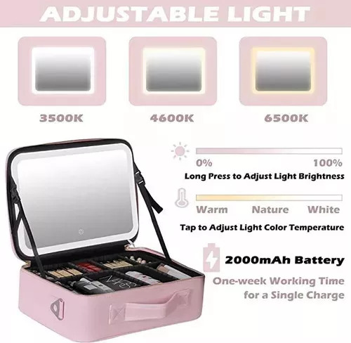 Bolsa De Maquillaje Con Espejo Y Luz, Organizador De Viaje [