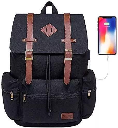 satélite salario Bolsa Mochila Vintage De Lona Para Laptop De 15.6 Y Usb-negro