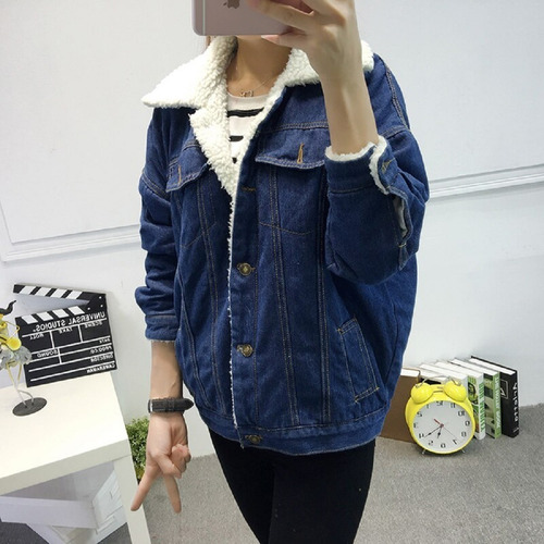 jaqueta jeans forrada com lã feminina