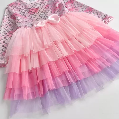 Vestido Infantil Barbie Sereia Manga Longa Em Tule Festa