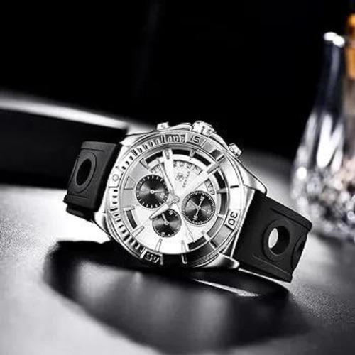 Reloj Benyar Para Hombre, Con Malla De Silicona, Cronógrafo Correa Negro Bisel Plateado Fondo Blanco
