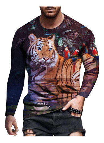 Camiseta De Manga Larga Con Estampado Animal 3d Para Hombre