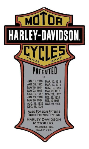 Harley Davidson Patented Motorcycles Cartel De Chapa