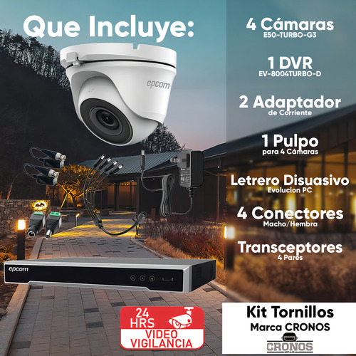 Epcom Kit De 4 Camaras De Seguridad Metalicas Domo 5mp Protección Ip66 Para Uso Exterior + Dvr 4ch Turbohd Con Detección De Movimiento Y Salida De Alarma Modelo Ev8004e50-plus-sc