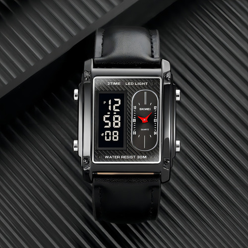 Relógio Analógico Masculino Skmei Digital + Colar Argola Correia Preto Bisel Preto Fundo Preto