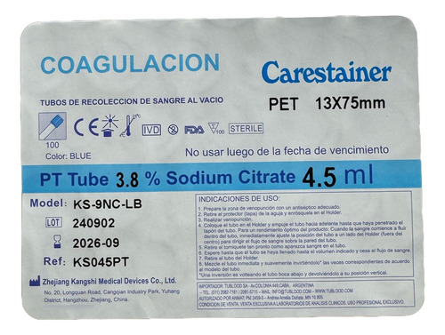 Tubos Prp Citrato De Sodio Al Vacio 3.8% 4.5ml 13x75 Celeste