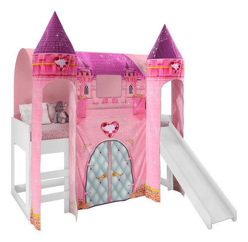Cama Infantil Com Escorregador Barraca 2 Torres E Led Castel Cor Branco/Rosa V