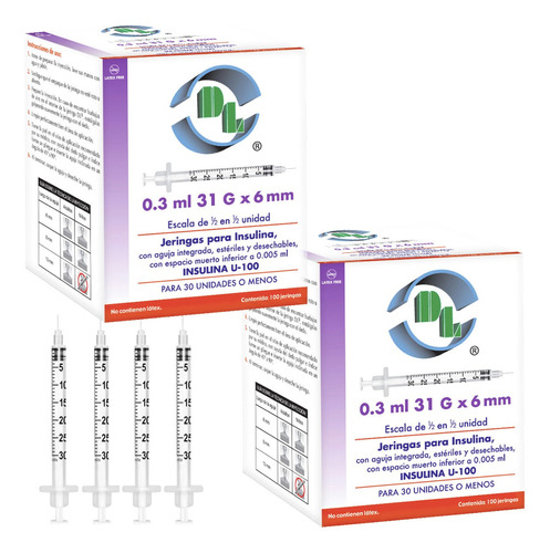200 Jeringas Para Insulina 0.3 Ml Aguja 31x6 Estéril 2 Cajas Capacidad en volumen 1 mL