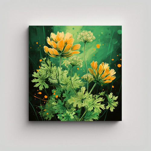 50x50cm Cuadro Naturaleza Viva En Verde Y Naranja Flores