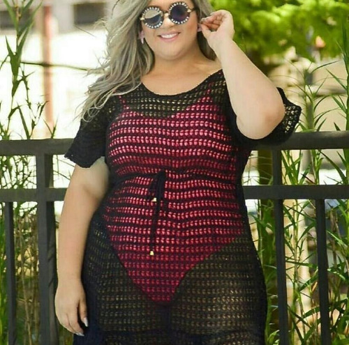 Saída Banho Praia Plus Size Tricô Canga Curta Piscina Moda Cor Preto Tamanho Gg