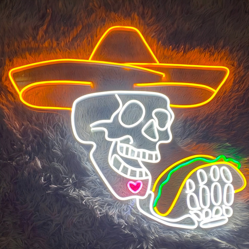 Letrero Neón Calavera Sombrero Y Tacos C/ Control Atenuador Color Blanco + Naranja