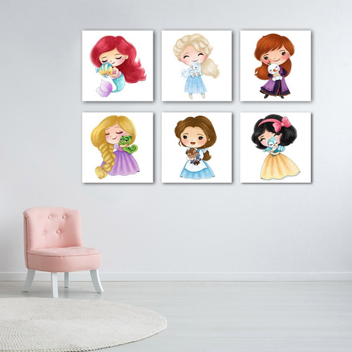 Imagen 1 de 10 de 6 Princesas Lapiz De Color Con Mascota Canvas Decorativo