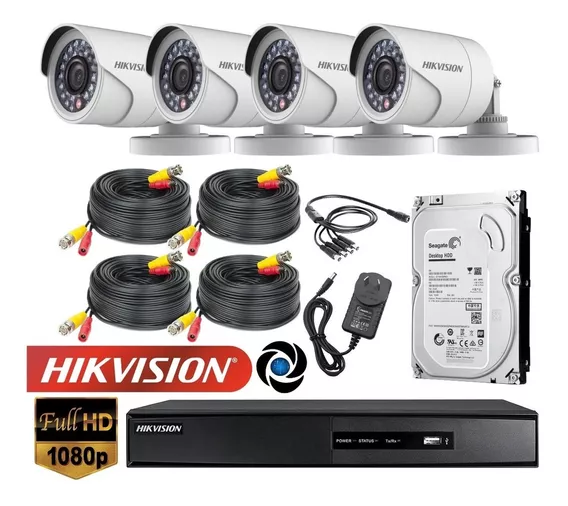 Kit Seguridad Hikvision Dvr 4ch + 4 Cámaras 2mp 1080p +disco