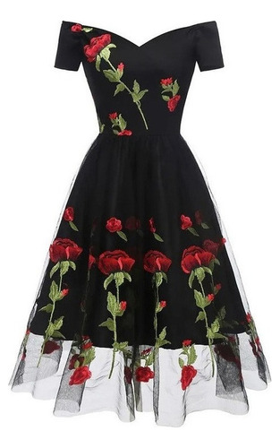 Vestido De Malla Bordado Con Flores De Hombro Corto [u]