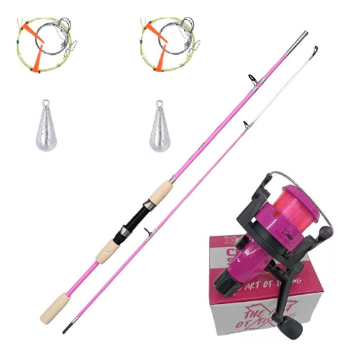 Combo Reel De Pescar Rosa Caña Maciza 1.80mts Tanza Lineas Plomos