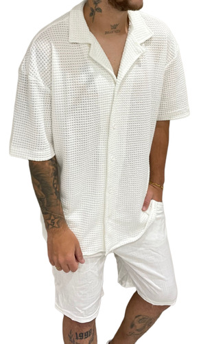 Conjunto Blanco Hombre Camisa Tejido Crochet Y Bermuda Lino