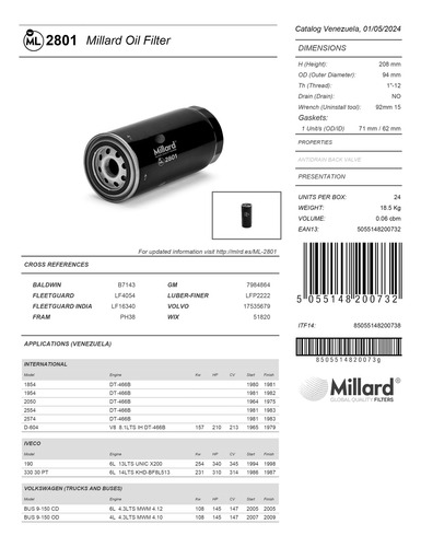 Filtro De Aceite Ml-2801 (51820) Jac Gallop 4250 3252 Foton