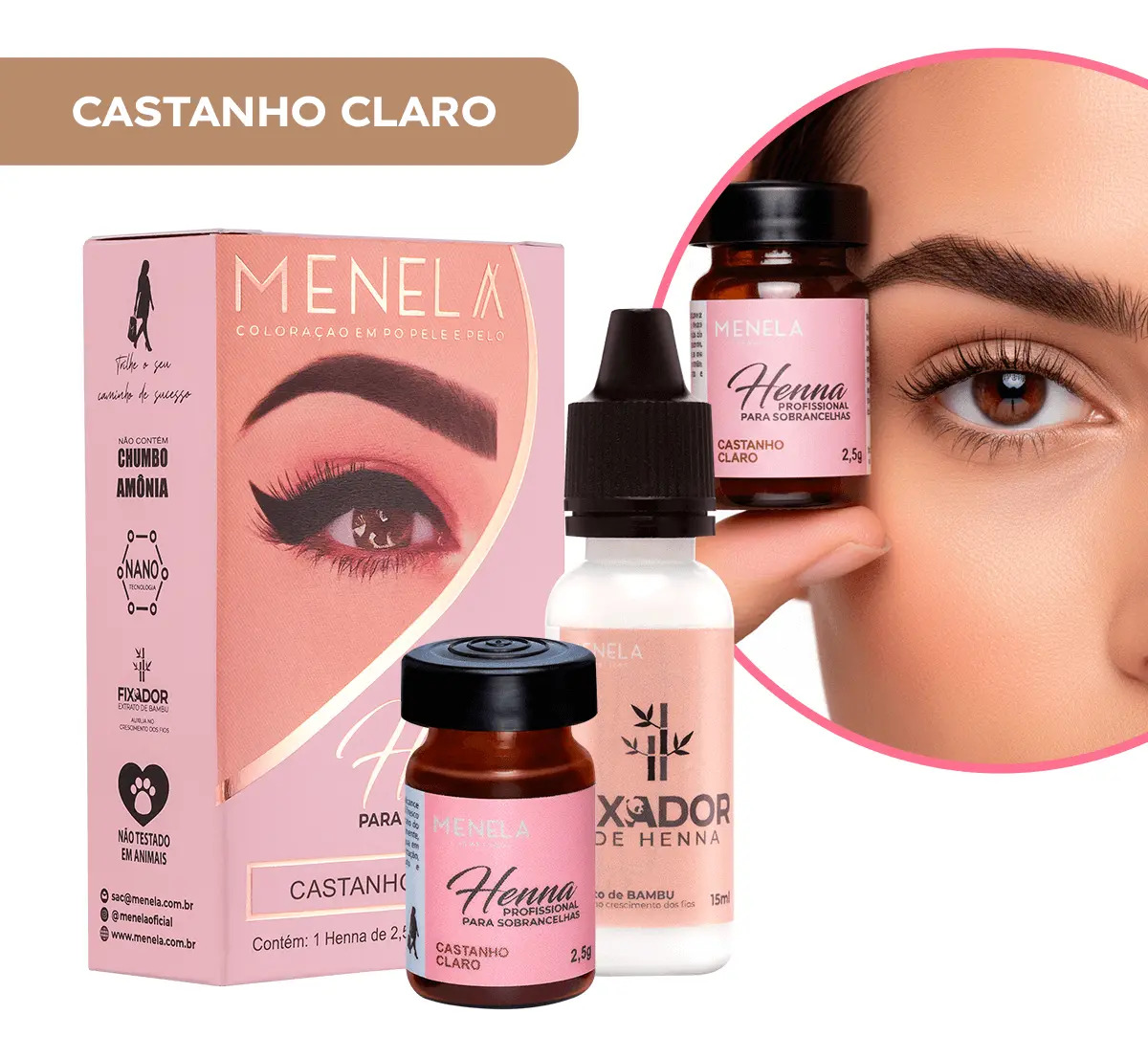 Henna Menela Castanho Claro Padrão Profissional Para Designer De Sobrancelhas 2.5g Com Fixador E Nanotecnologia Completo