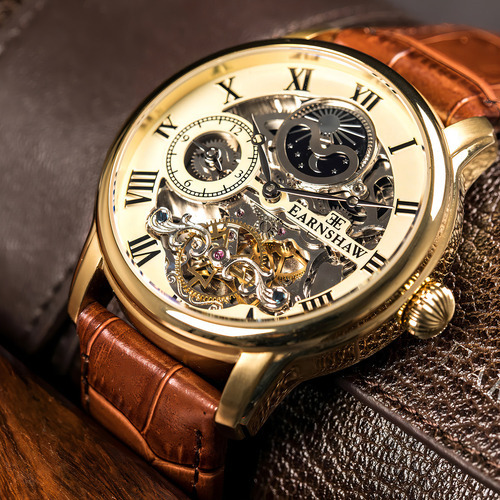 Reloj De Pulsera Earnshaw Hombre Longitude Golden Champagne Correa Café
