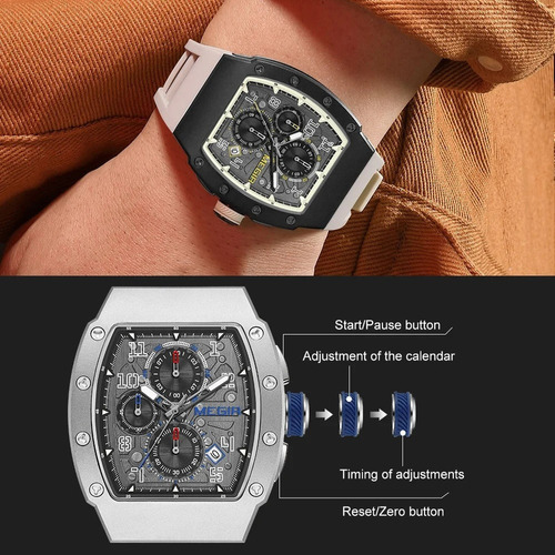 Reloj cronógrafo Megir de cuarzo con correa de calendario luminosa, color negro/plateado