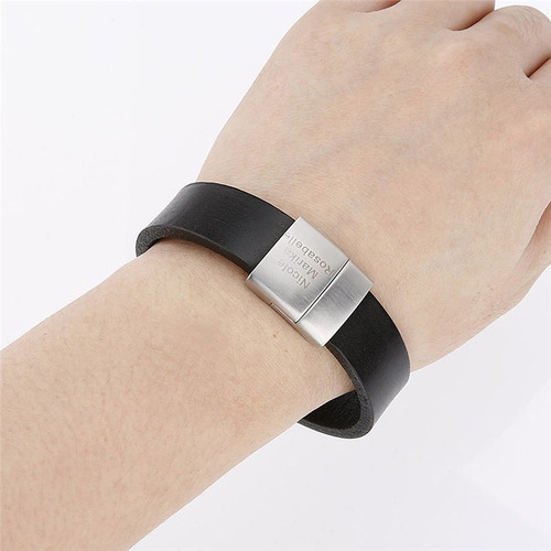 Imagen 7 de 10 de Pulsera Acero Y Piel Broche Magnético Grabado Láser M1105