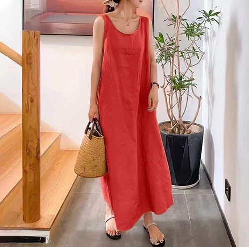Loose Cotton Linen Sleeveless Dress With Pockets