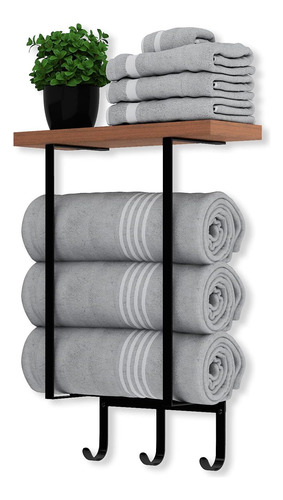 Toalleros De Pared Con Estante De Madera Y 3 Ganchos, Toalle