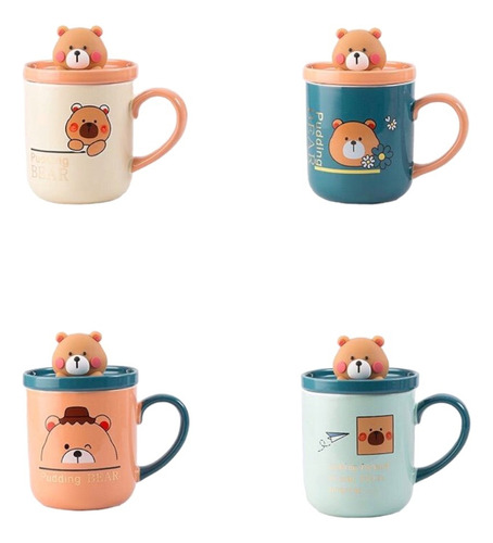 Taza Cerámica C/tapa Y Cucharita Pudding Bear 380ml Kawaii