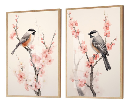 2 Quadros Decorativos Flor De Cerejeira Pássaros Com Vidro
