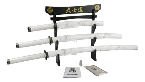 Katana Juego Set X3 Dragón Blanco Con Soporte, No Filo